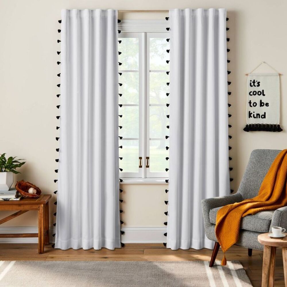84" Blackout Tassel Kids' Window Curtain Panel - White/Black